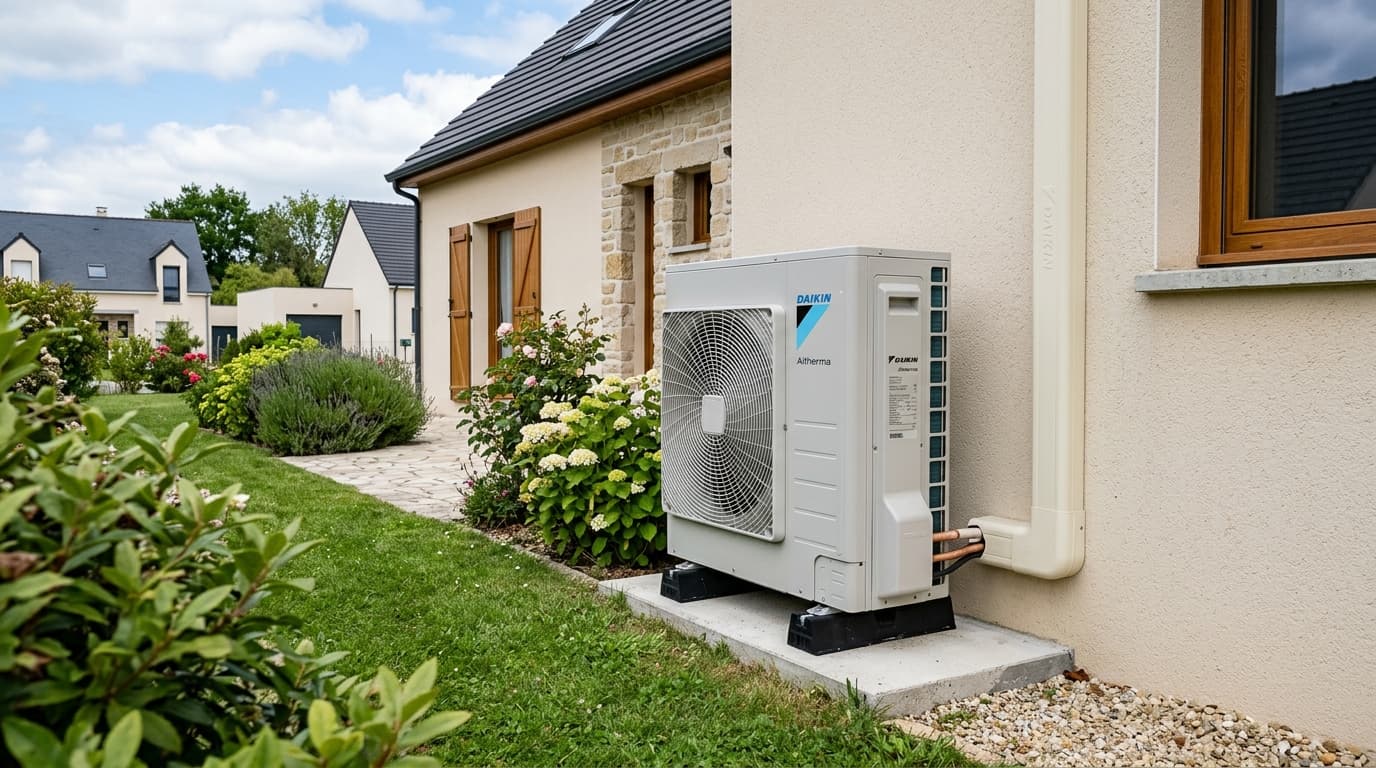 Pompe à chaleur moderne installée devant une maison